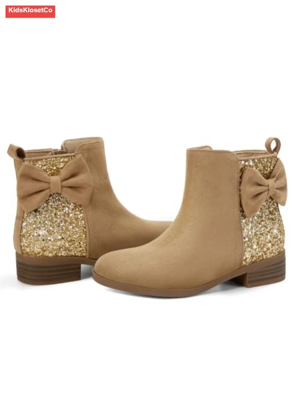 Girls Bow Glitter Ankle Boots Side Zipper Low Heel Dress Shoes